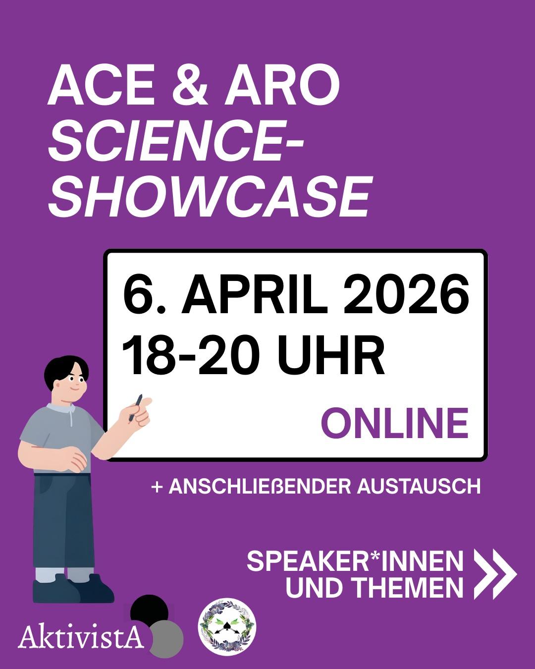 Vor einem lila Hintergrund steht ein Cartoon-Männchen und zeigt auf ein Whiteboard. Über dem Whiteboard steht "Ace und aro Science Showcase". Auf dem Whiteboard steht: "6. April 2026, 18 bis 20 Uhr, online." Zusätzlich Info: "und anschließender Austausch". Darunter noch die Logos von AktivistA und ace_arovolution. Ein Pfeil verweist auf die Speaker*innen und Themen. (Dafür bitte den Link zum Blog nutzen.)