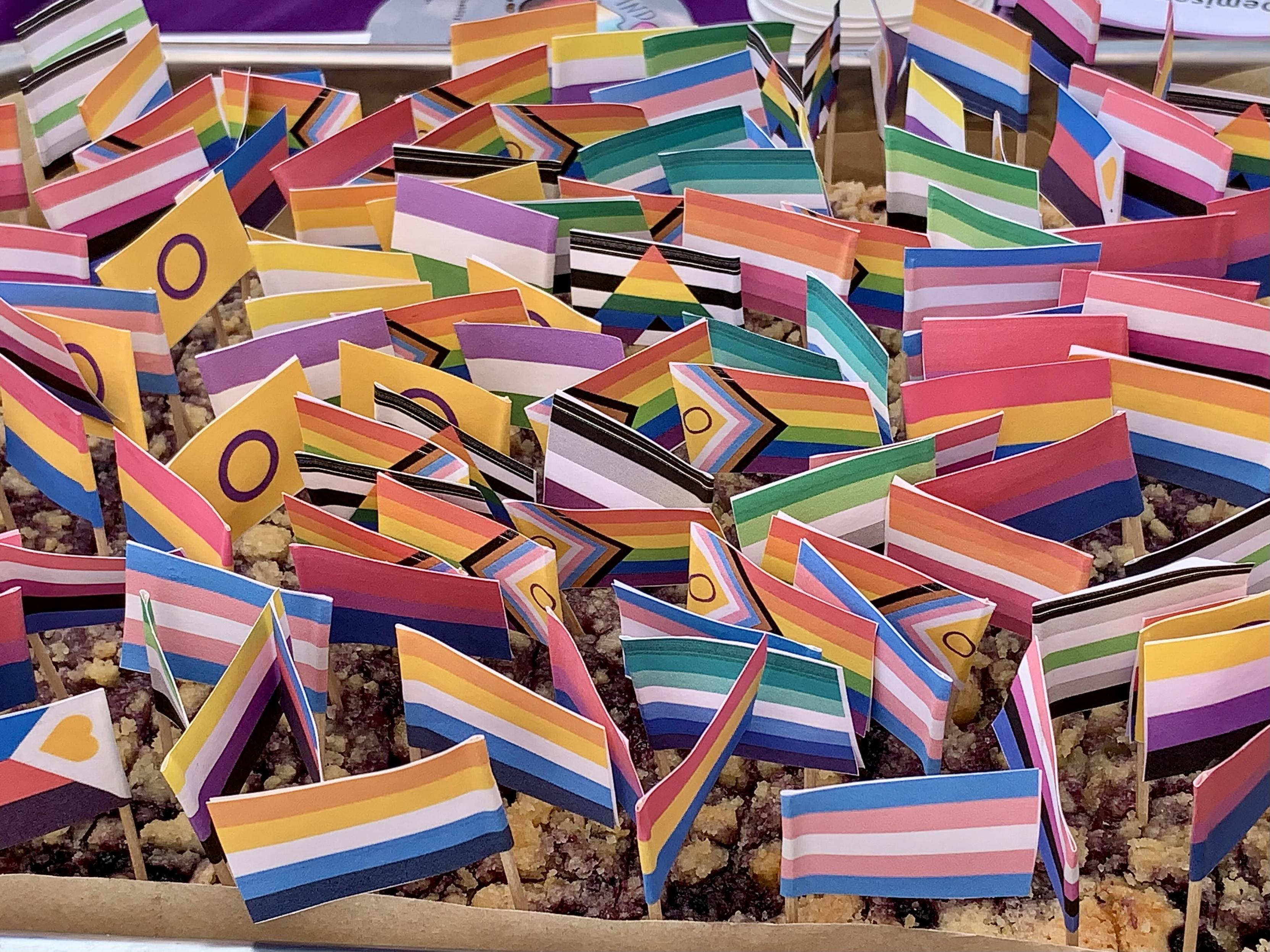 Ein Blechkuchen mit Streuseln, der fast unter einem Meer von Mini-Pride-Flaggen an Zahstochern verschwindet.
